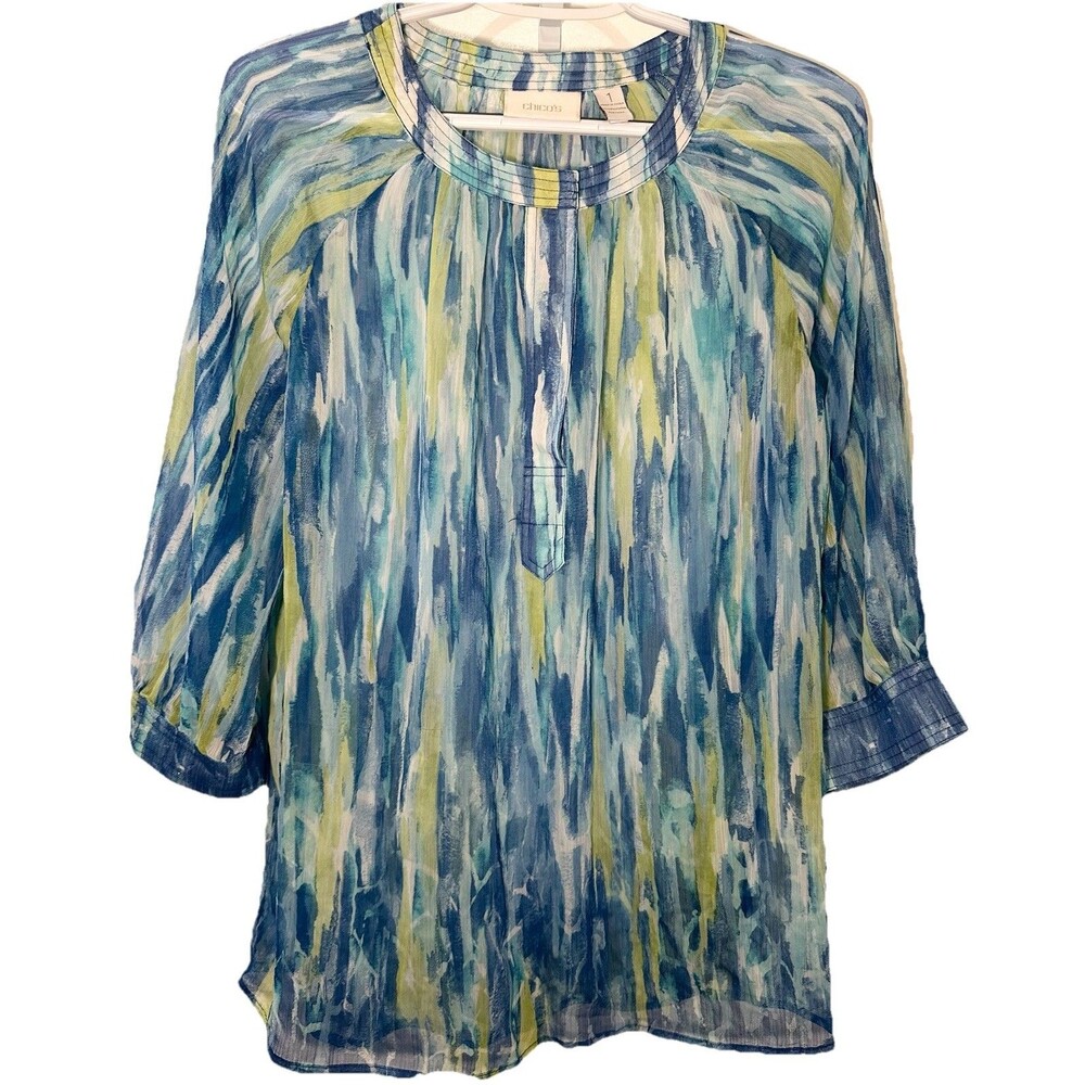 Chico’s Size Medium Blue Green Watercolor Abstract Blouse Split Neck